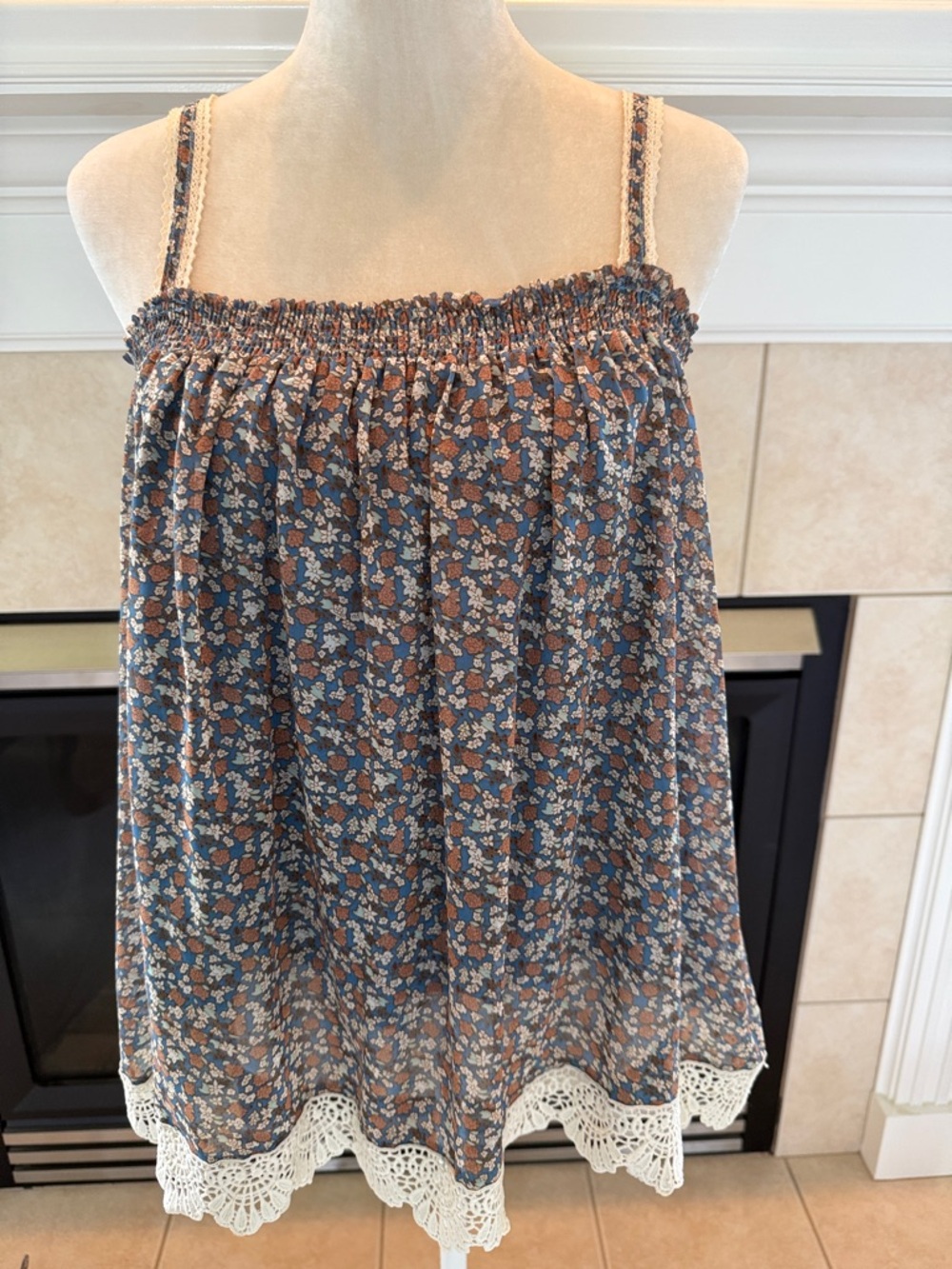 Smocked Floral Camisole Tank with Crochet Trim - Blue & Brown